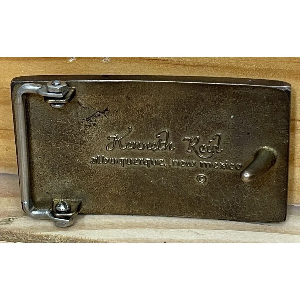 Vintage Kenneth Reid Belt Buckle Inlaid Wood Brass Inlay Boho 1970s 70s Signed